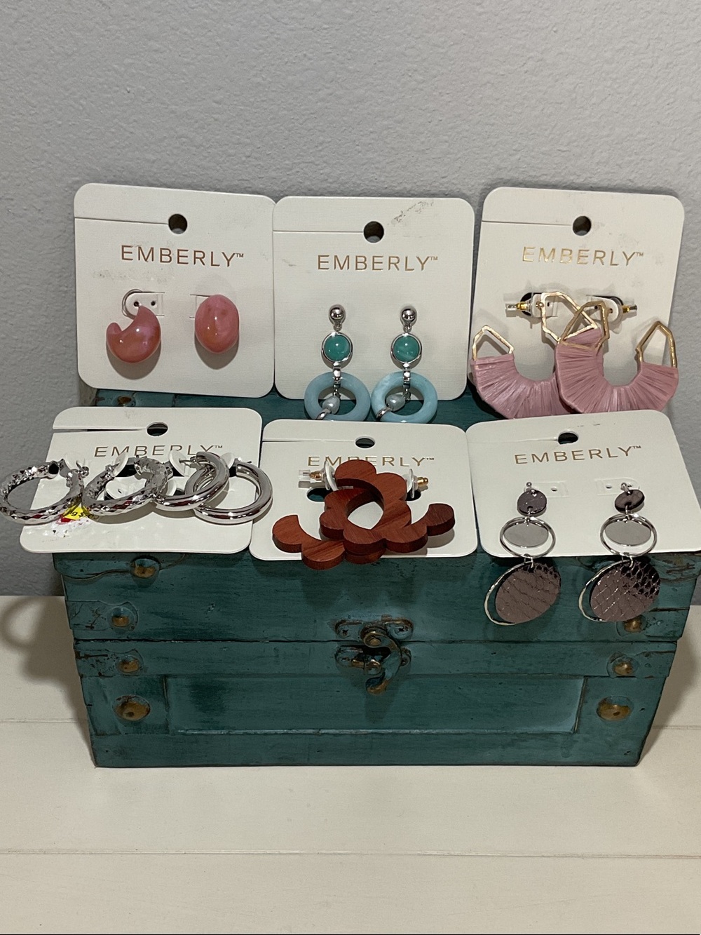 Set of 7 Pairs Emberly Earrings with Silver, Gold, Pink Accents - Women Jewelry